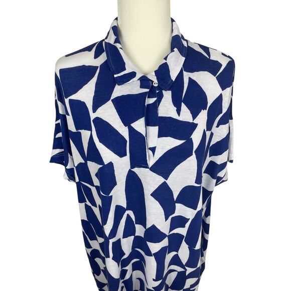 Poetry Linen Cotton Geometric Shift Dress Art To Wear Lagenlook Blue White US 16 - Picture 4 of 15
